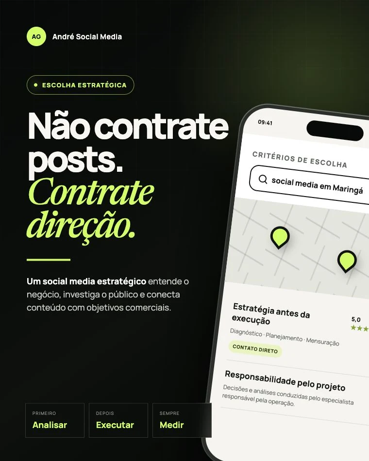 Arte editorial sobre como escolher um Social Media estratégico em Maringá