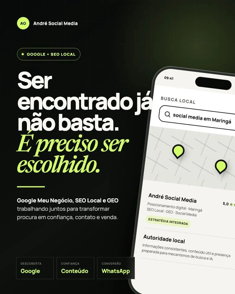 Arte editorial sobre Google Meu Negócio, SEO Local e GEO em Maringá